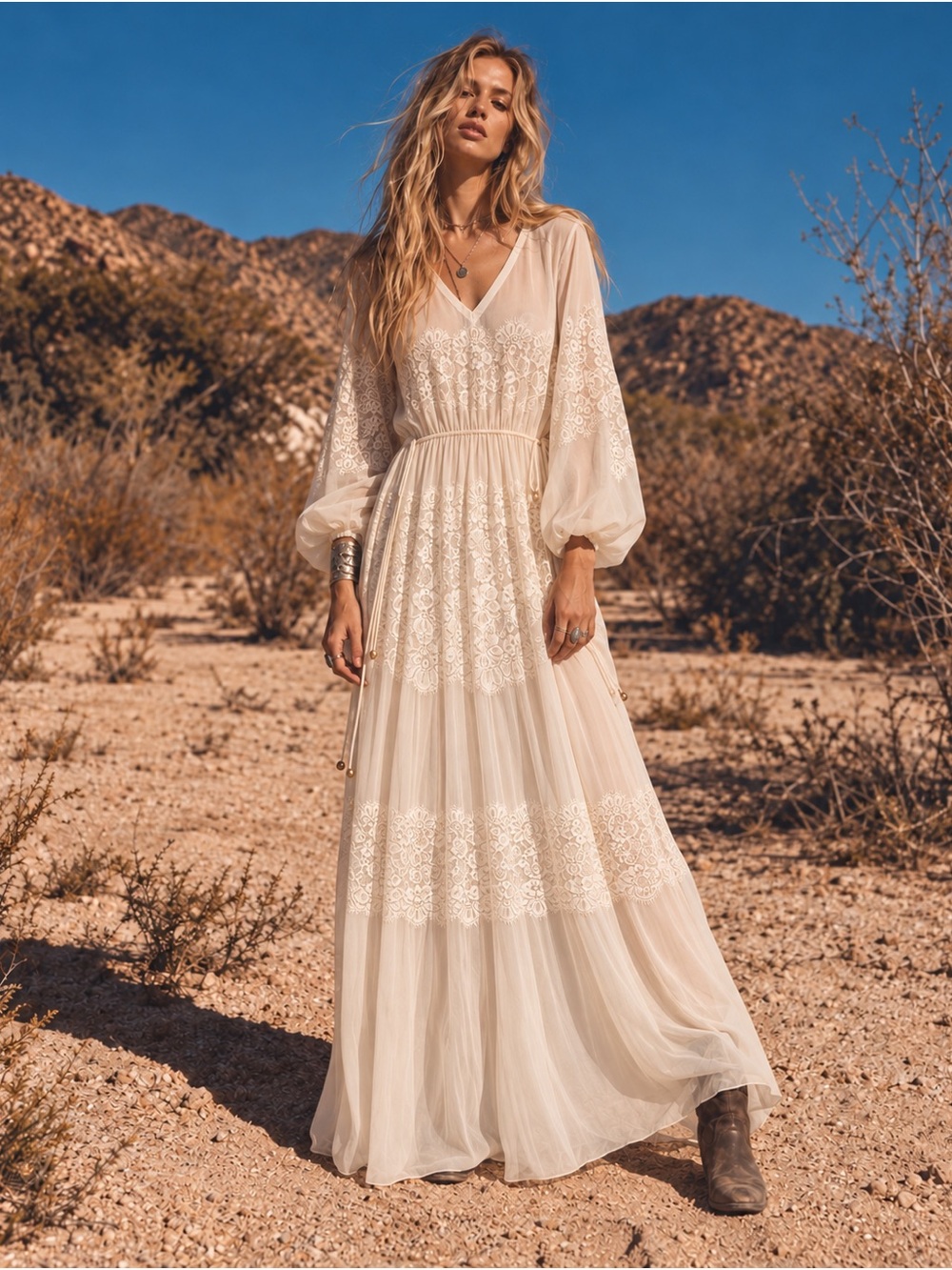 We Are HAH Bohemian Sheer Ivory Lace Tiered Maxi Cinch Dress
